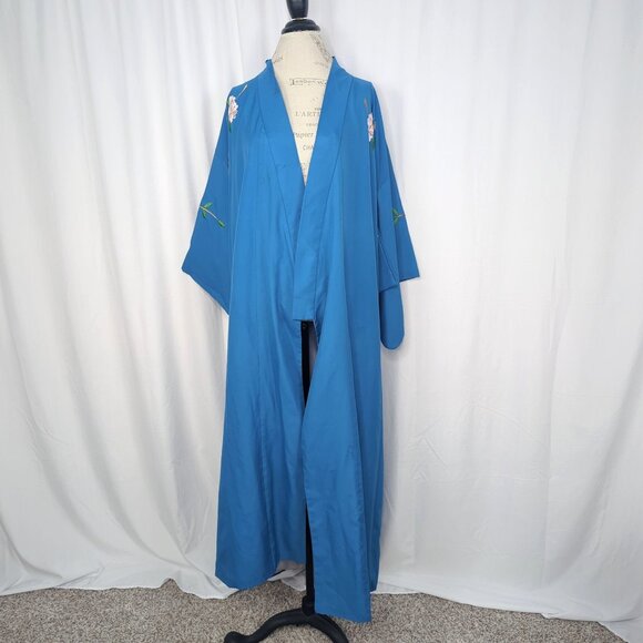 Vintage Kimono Yukata Japanese Small Medium Blue Floral - Picture 10 of 13